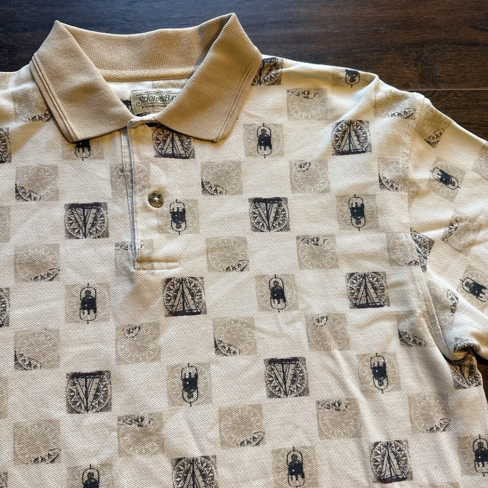 Vintage St. John's Bay All Over Print Polo Shirt Men M Beige Tribal USA Made 90s - Picture 5 of 7